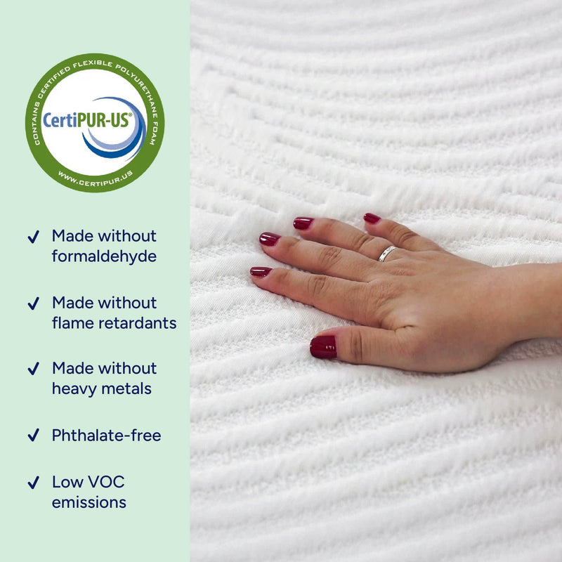 Hand pressing CertiPUR-US certified memory foam mattress topper with textured white cover; phthalate-free, low VOC, no formaldehyde