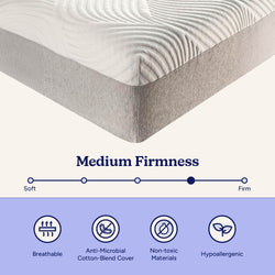 Medium-firm mattress corner close-up with breathable, anti-microbial cotton-blend cover, non-toxic materials and hypoallergenic features