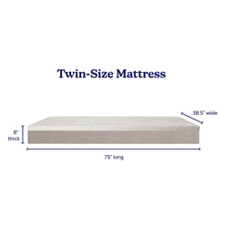 Twin-size mattress with white top and beige sides, 75 inches long × 38.5 inches wide × 8 inches thick
