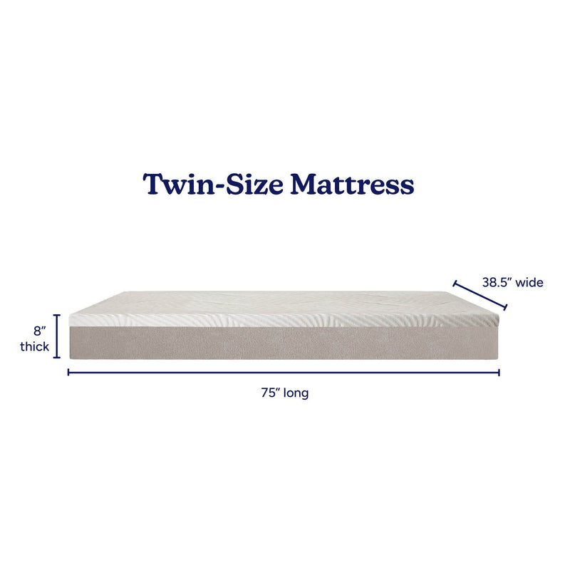 Twin-size mattress with white top and beige sides, 75 inches long × 38.5 inches wide × 8 inches thick