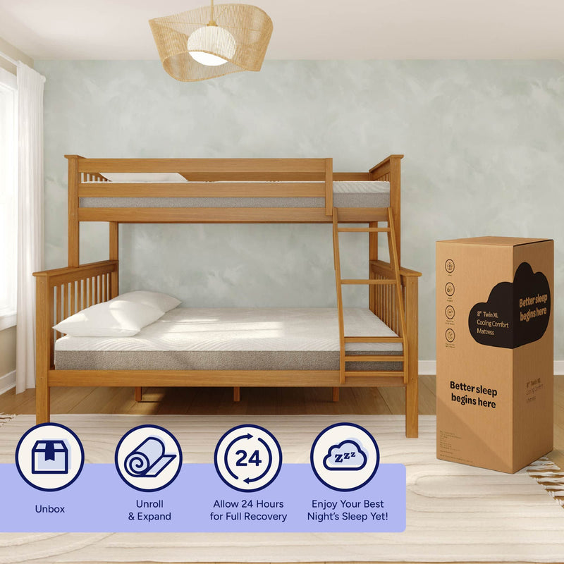 Wooden twin-over-twin bunk bed with boxed roll-packed cooling comfort Twin XL mattress beside it in a bright modern bedroom — unbox, unroll and allow 24 hours for full recovery for best sleep.