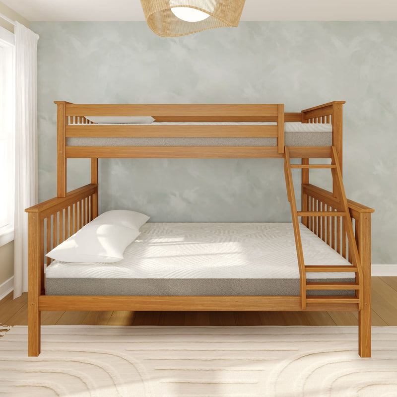 Solid light wood full-over-twin bunk bed with angled ladder, white bedding and neutral modern bedroom decor