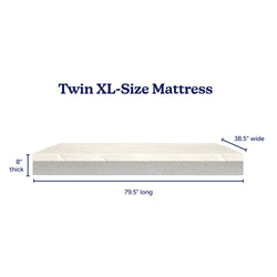 Twin XL mattress profile showing dimensions 79.5 in long × 38.5 in wide × 8 in thick, white top and gray foam base