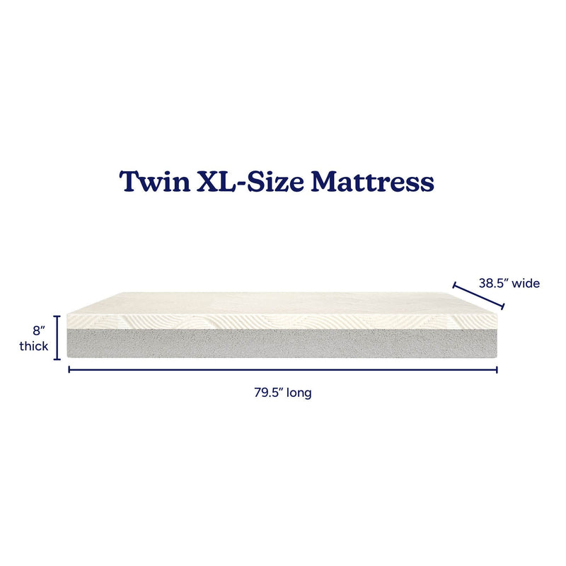 Twin XL mattress profile showing dimensions 79.5 in long × 38.5 in wide × 8 in thick, white top and gray foam base