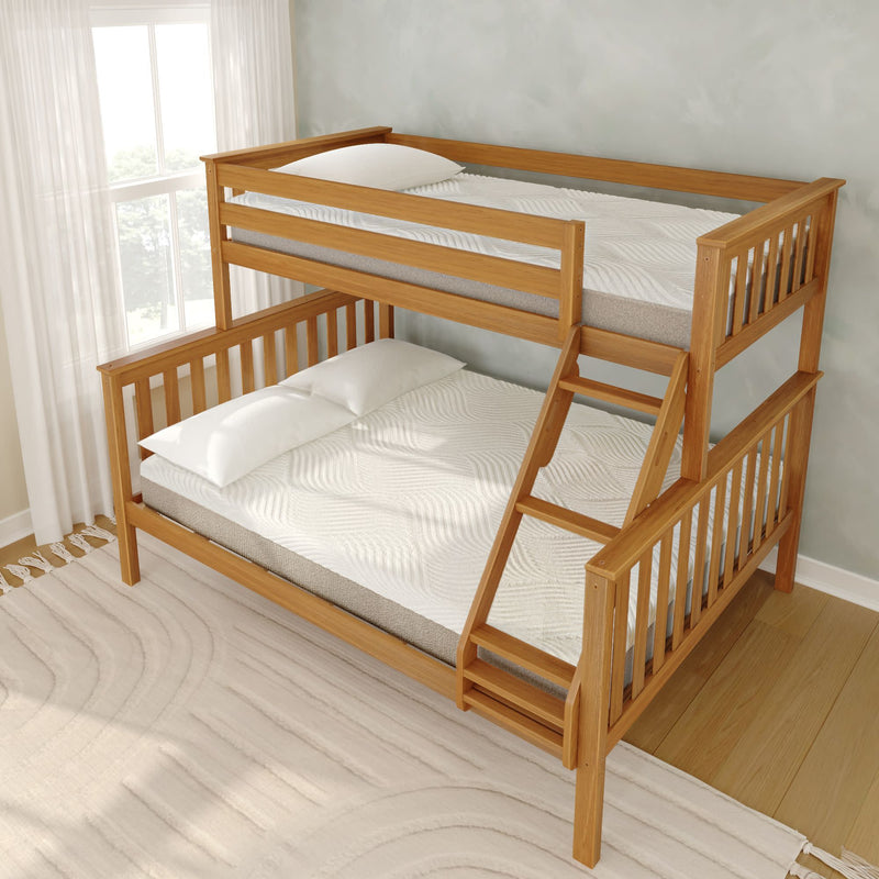 Wooden twin-over-full bunk bed with ladder, white mattresses and pillows in a bright modern farmhouse bedroom — space-saving kids and guest furniture