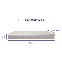 Full-size mattress with white top and gray sides, 75 inches long x 53.5 inches wide x 8 inches thick, product dimensions view