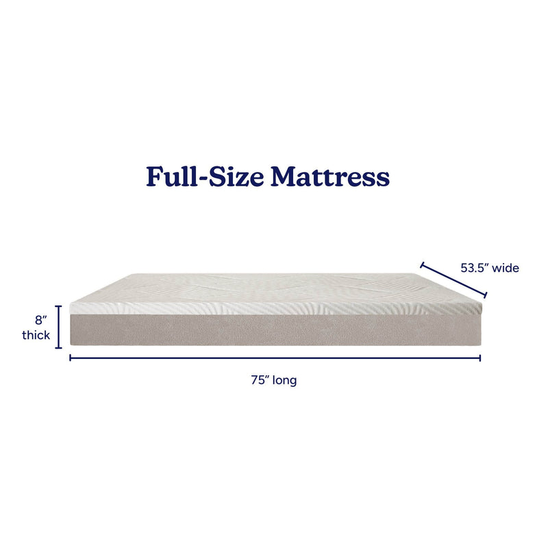 Full-size mattress with white top and gray sides, 75 inches long x 53.5 inches wide x 8 inches thick, product dimensions view