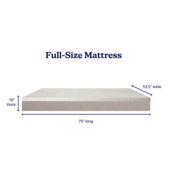 Full-size mattress 75 in × 53.5 in × 10 in with white textured top and gray side, dimensions labeled on white background
