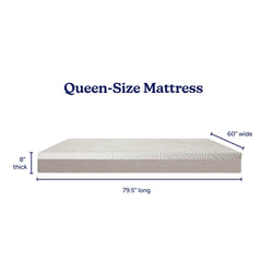 Queen-size mattress side profile showing dimensions 60 in wide x 79.5 in long and 8 in thick, white quilted top with beige base on white background