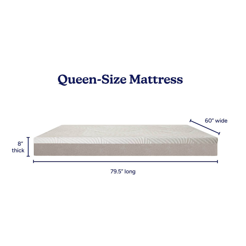 Queen-size mattress side profile showing dimensions 60 in wide x 79.5 in long and 8 in thick, white quilted top with beige base on white background