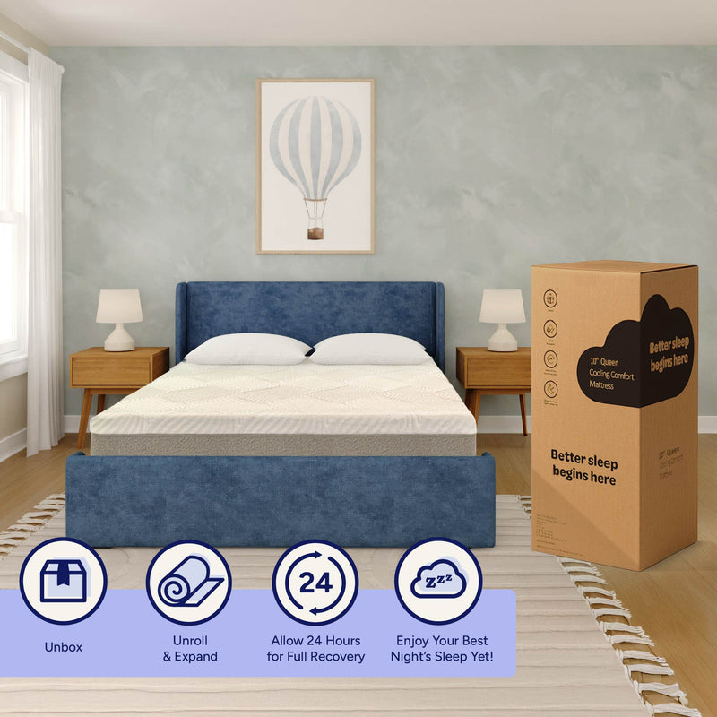 Queen-size cooling memory foam mattress in a box beside a blue upholstered bed in a modern bedroom, unbox and unroll, allow 24 hours for full recovery