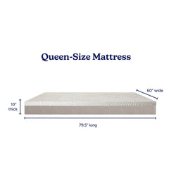 Queen-size mattress, 10-inch thick and 60 x 79.5 inches, white quilted top with gray base — clear mattress dimensions for bedroom and bedding