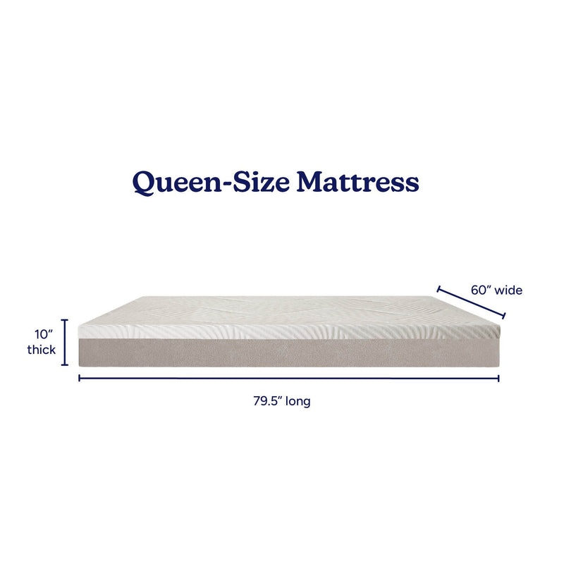 Queen-size mattress, 10-inch thick and 60 x 79.5 inches, white quilted top with gray base — clear mattress dimensions for bedroom and bedding