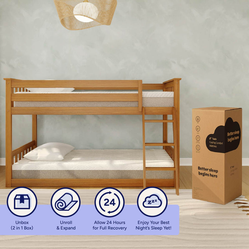 Wooden twin bunk bed in modern bedroom with boxed 8-inch cooling comfort mattress (mattress-in-a-box) and icons showing unbox, unroll and 24-hour recovery instructions