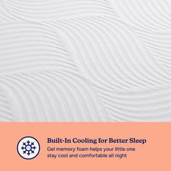Close-up of white textured gel memory foam crib mattress showcasing built-in cooling for better sleep with informational banner