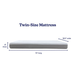 Twin-size mattress 8-inch thick (38.5 x 75 inches) side profile with white top and gray sides showing dimensions