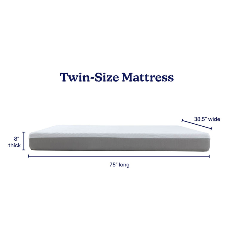 Twin-size mattress 8-inch thick (38.5 x 75 inches) side profile with white top and gray sides showing dimensions