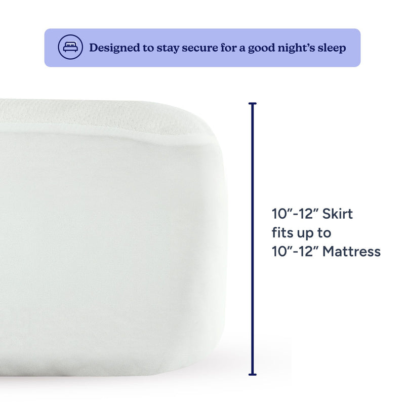 White mattress with a secure-fitting 10-12 inch skirt for improved sleep quality.