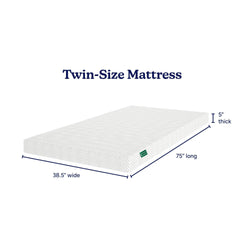 Twin-size mattress dimensions: 38.5 inches wide, 75 inches long, and 5 inches thick.