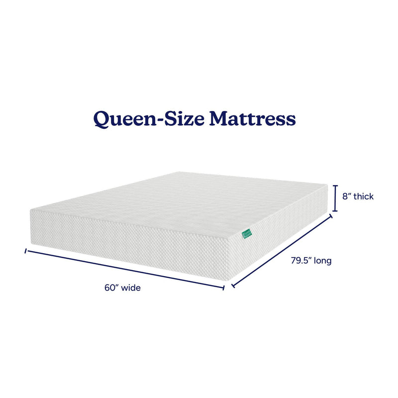 Queen-size mattress dimensions 60 inches wide, 79.5 inches long, 8 inches thick.