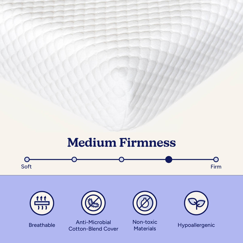 Medium firmness pillow with breathable, anti-microbial cotton-blend cover; non-toxic and hypoallergenic materials.