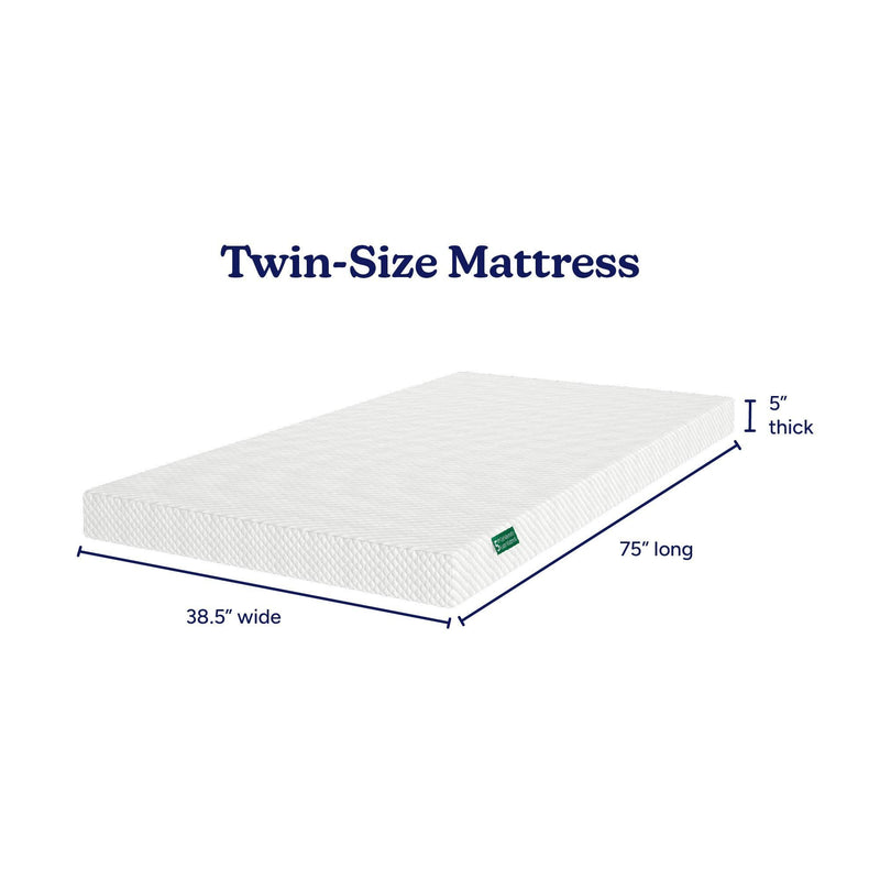 Twin-size mattress dimensions 38.5 inches wide, 75 inches long, and 5 inches thick, ideal for small spaces.