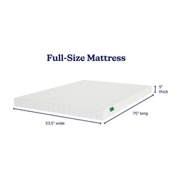 Full-size mattress dimensions 53.5 inches wide by 75 inches long and 5 inches thick.