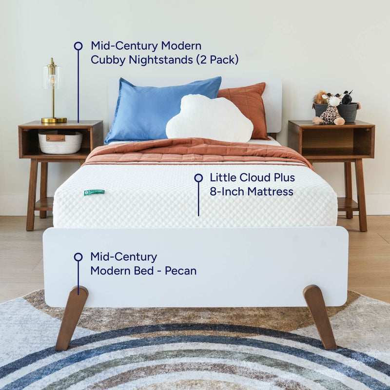Mid-century modern bedroom with pecan bed, nightstands, and Little Cloud Plus 8-inch mattress, featuring stylish blue and rust bedding.